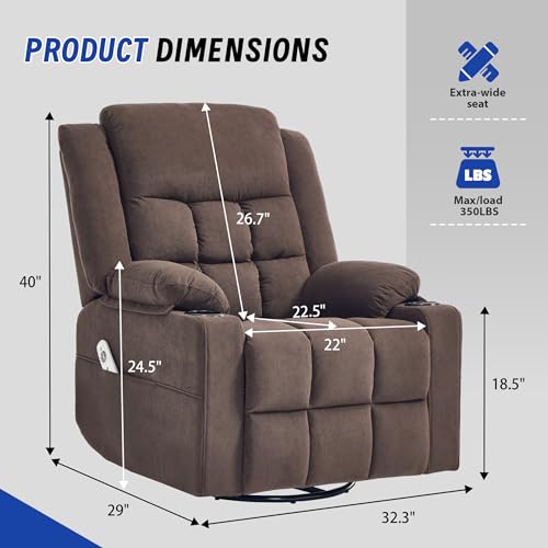 Image of Swivel Recliner Chair for Adults with Massage and Heat,Manual Glider Rocking Recliner Chair with Cup Holds and Pockets,Reclining Rocker Chairs for Living Room R8811(Cocoa)