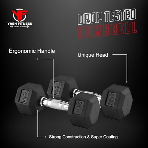 Image of Set Of 2 Rubber Professional Hexa Dumbbells | Fixed Weight Dumbbell | Dumbbells Set For Home Gym & Gym Training | Gym Equipment Dumbbells Set | Durable Dumbbell Set (7.5 Kg)