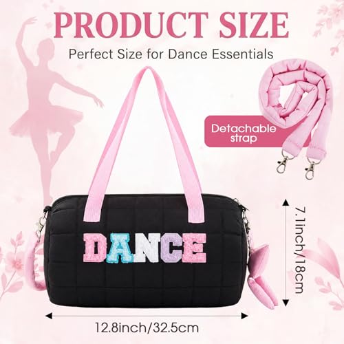 Image of 12.8 Inches Quilted Puffer Ballet Dance Bag Cute Tote Bag with Hanging Bow Pendant for Travel Dancing Dress