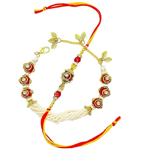 Handmade Kundan Ball And Glass Beads Rakhi Set for Bhai And Bhabhi | Unique Designer Handmade Couple Rakhi Set | Beautiful Handwoven 1 Pair of Rakhi For Brother and Sister-in-Law (Red Kundan Ball -2