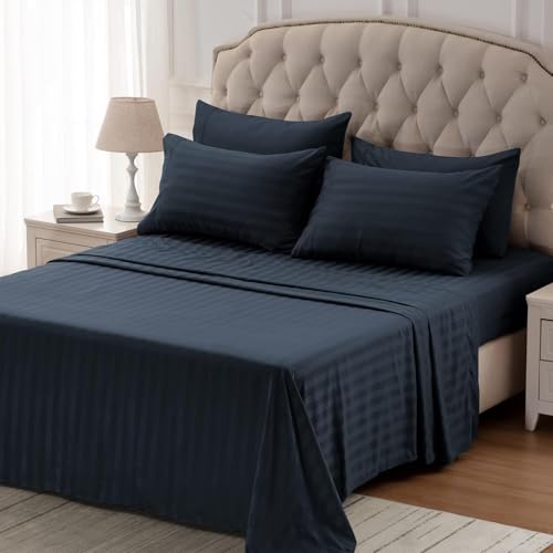 Image of SLEEP ZONE Striped Cooling Twin Sheets Set for Kids - Fitted Flat Sheet & Pillowcase Sets 3 Piece - Super Soft Stripe Bed Sheet, Easy Care, Deep Pocket (Navy Blue, Twin)