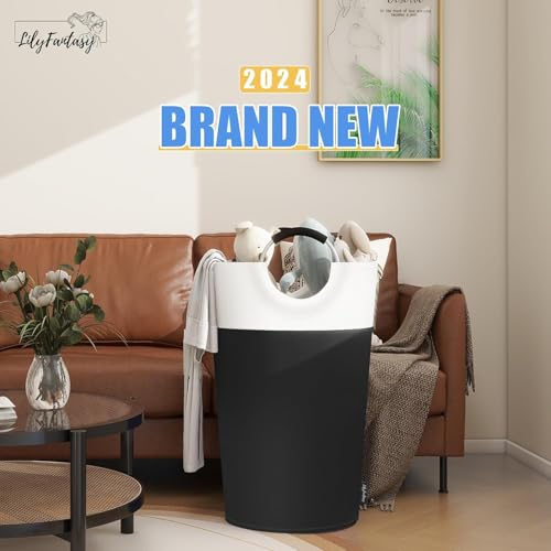 Image of 90L Large Laundry Basket, Collapsible Laundry Bag, Freestanding Tall Clothes Hamper, Foldable Washing Bin (Black & Beige)