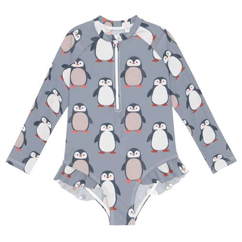 Penguin Animal Pattern Girls Long Sleeve Swimsuit Rash Guard One Piece Bathing Suits Zipper 3-12T