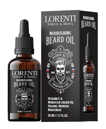 LORENTI TOKYO & SEOUL Aceite de barba de argán para hombre, 50 ml, para el cuidado diario de la barba de 3 días a barba completa, aceite para el cuidado de la barba para hombres extra brillo y