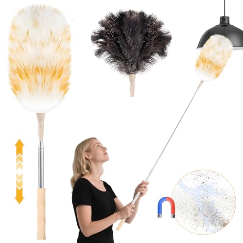 DYDHRER Spolverino, lana d'agnello di alta qualità, telescopico, lavabile, estensibile fino a circa 140 cm – assorbimento elettrostatico della polvere per soffitti e superfici delicate, con gancio