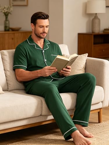 Image of Men's Short Sleeve Pajama Set, Soft Cotton Button Down Sleepwear Top & Long Pants, Loungewear PJs with Pockets S-XXXL