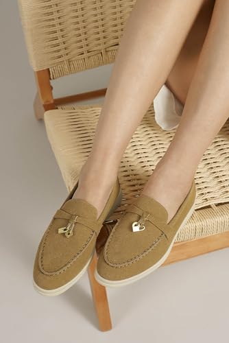 Image of Women's Faux Suede Loafers Fashion Slip On Comfort Flat Shoes Lightweight Breathable Non-Slip Casual Walking Shoes with Metal Buckle for Daily Office Travel Outdoor