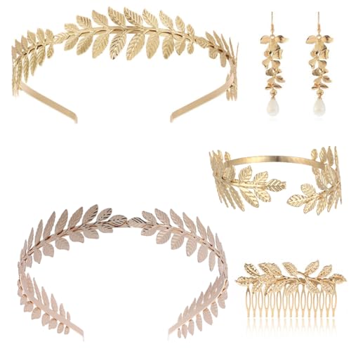 MKVZIYE 5 piezas de la diosa griega bisutería para las mujeres, romano Laurel Hojas Corona Tiara Peine del Pelo Pulsera Pendientes de Oro Remolino Boda Toga Partido