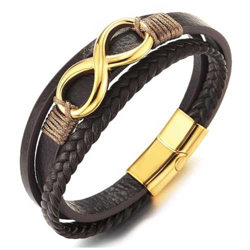 COOLSTEELANDBEYOND Hombre Mujer Color Oro Acero Amor Infinito Número 8 Amistad Tres Hilos Marrón Trenzado Cuero Pulsera Brazalete