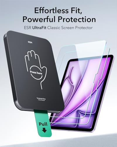 Image of ESR 2 Pack Screen Protector for iPad Air 13 Inch M4 /M3 /M2 2026 /2025 /2024 (8th /7th /6th Gen), 9H Tempered Glass Film with UltraFit Tray, Apple Pencil Support, Scratch Resistant, HD Clarity, Bubble Free