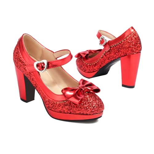 SEIFIN Women's Sequins Glitter Mary Jane Shoes Shine Sparkly Vintage Chunky High Block Heel Women Pumps with Bow and Ankle Strap Cosplay Rockabilly Kawaii Marriage Dress Shoes(Red,US6.5)2