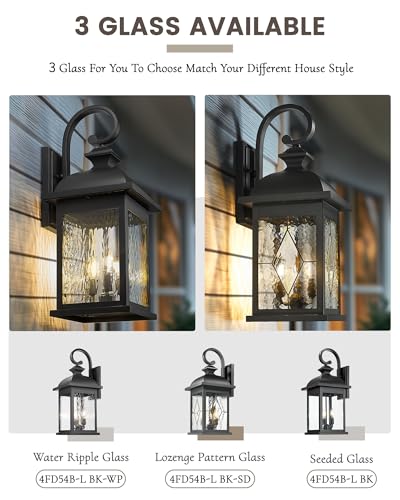 Image of FEMILA 3-Light Outdoor Wall Light, 26 inch Large Exterior Wall Lantern with Water Ripple Glass, Porch Light for Entryway, Patio, Garage, and Doorway, E12 Base, 4FD54B-L SD BK