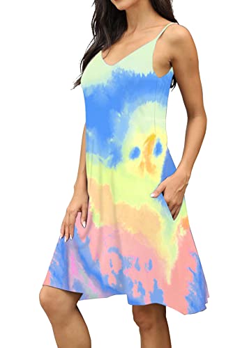 Image of Women's Summer Spaghetti Strap Casual Swing Tank Beach Cover Up Dress with Pockets