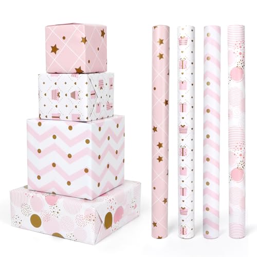 PARTY GO Geschenkpapier Geburtstag Rosa 4 Rollen 43x300cm Geschenkpapier Mädchen Kinder Birthday Gift Wrapping Paper für alle Geburtstagsanlässe
