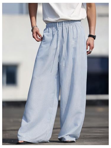 GORGLITTER Men's Striped Baggy Pants Wide Leg Drawstring Lightweight Trouser Y2K Barrel Track Pants4