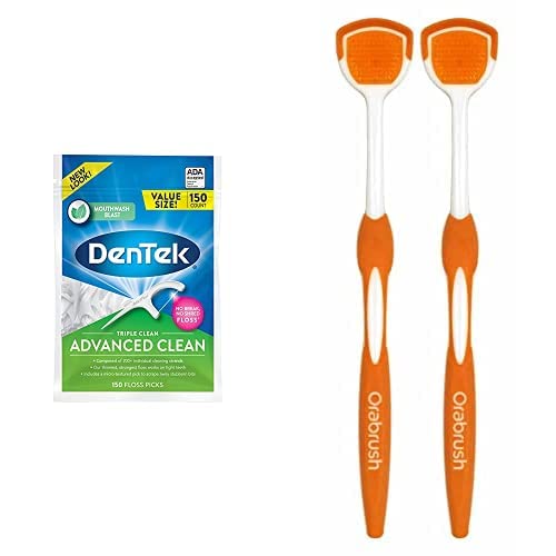 DenTek Triple Clean Advanced Clean Floss Picks 150 Count + Orabrush Tongue Cleaner Helps Fight Bad Breath, 1 Count (Pack of 2)
