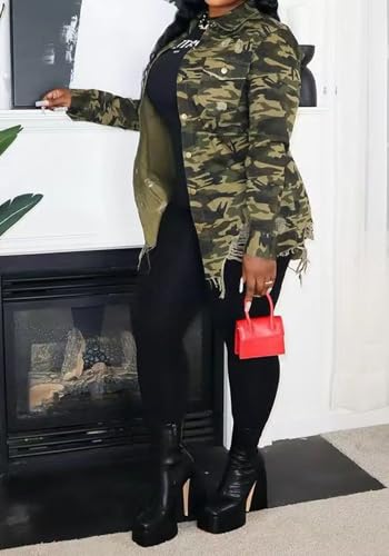 Women's Camo Button Boyfriend Jackets with Pockets Distressed Army Fatigue Casual Long Sleeve Ripped Coat Outerwear2