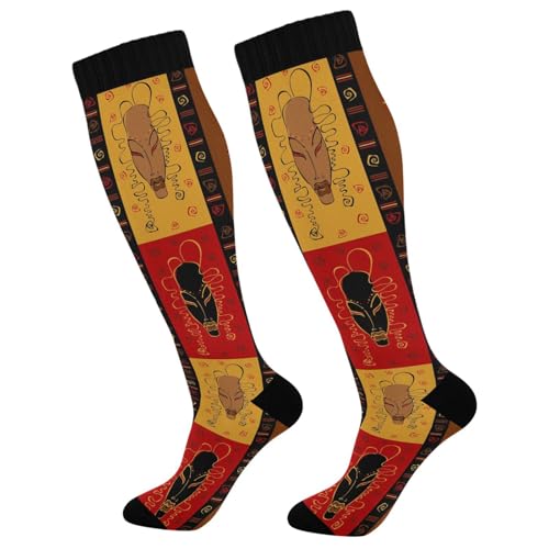 2 Pairs Unisex Compression Crew Knee Soft Circulation Socks High Sock Long Athletic for Running,Travel,Cycling Print Tribal African Masks Ethnic Afro American Ornament Style