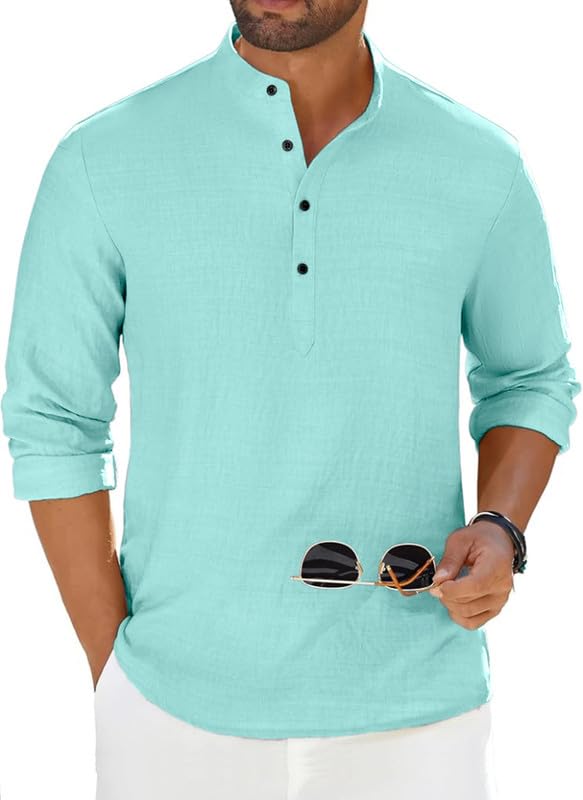 Image of Men's Luster Cotton Solid Casual Short Kurta for Men | Long Sleeve Mandarin Collar Stylish Kurta for Men