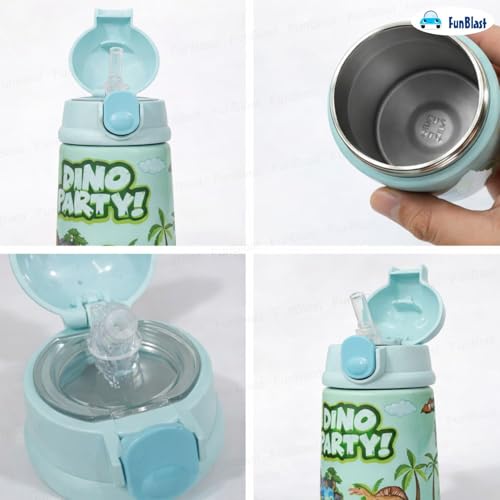 Image of FunBlast Dino Party Water Bottle with Straw for Kids - Insulated Stainless Steel Bottle, Anti-Leak, Cute Design, 300 ML Capacity, BPA Free
