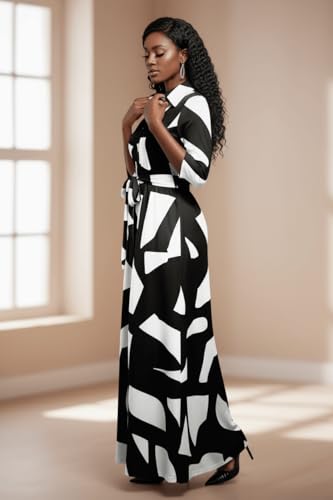 Image of Runwind Women Church Maxi Dresses 3 /4 Sleeve Button Down Print Casual Office Dress African