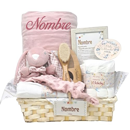 Mababyshop Cesta Bebe Recien Nacido Niña Personalizada Soft And Happy Manta Bordada Nombre Dou Dou Conejito Muselina Algodon Cepillo Peine Madera Pastel Pañales