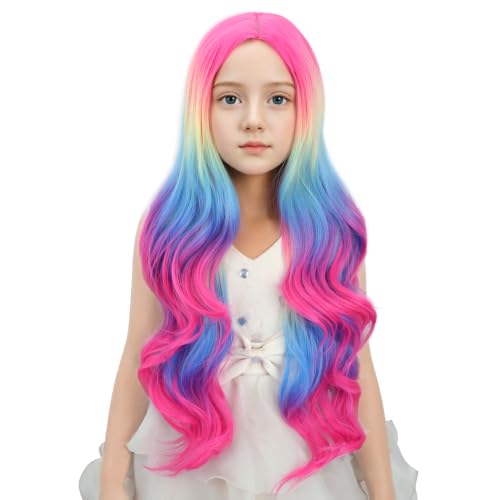 Image of Kid Ombre Rainbow Wig Long Rainbow Middle Part Wig for Child Girl Long Wavy Curly Wigs Heat Resistant Synthetic Wigs for Daily Party Use