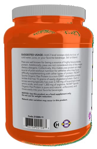 NOW Foods Sports Nutrition, Certified Organic Pea Protein 15 Grams, Unflavored Powder, 1.5-Pound - Image 4