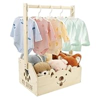 Baby Shower Crate Closet - Wooden Baby Shower Basket With 5 Hangers | Babies Storage Crate Hamper With Handle | Decorative Clothes Rack, Bath essental For New Parents Pregnancy Bedroom Nursery
