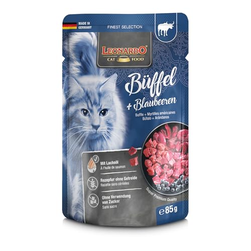 LEONARDO Nassfutter im Frischebeutel [16x85g Büffel und Blaubeere] | Getreidefreies Nassfutter für Katzen | Alleinfutter im Einzelportionsbeutel