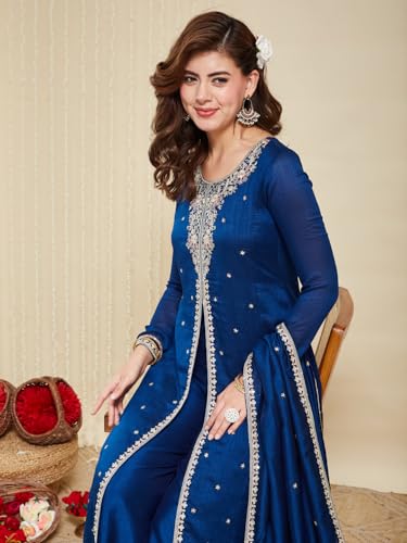 Image of MOKOSH Women's Silk Embroidery Anarkali Kurta Pant with Dupatta | Anarkali Kurta Set | Round Neck Full Sleeve Ethnic Suit | Indian Kurta Outfit with Pant | 3 Piece Outfit