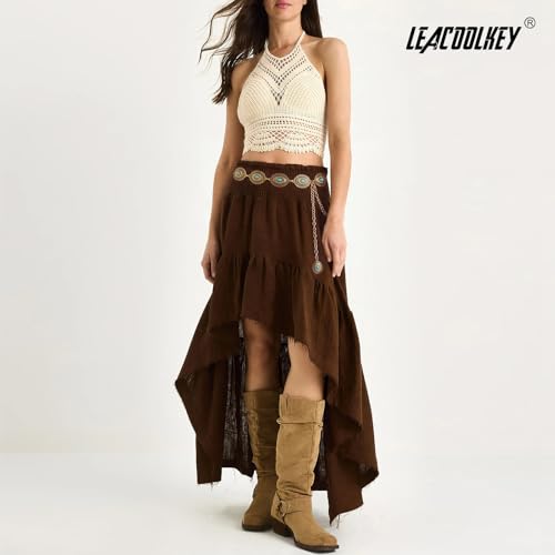 Image of LEACOOLKEY Women Turquoise Concho Chain Waist Belt Silver Western Cowgirl Metal Chain Belt for Dress Adjustable