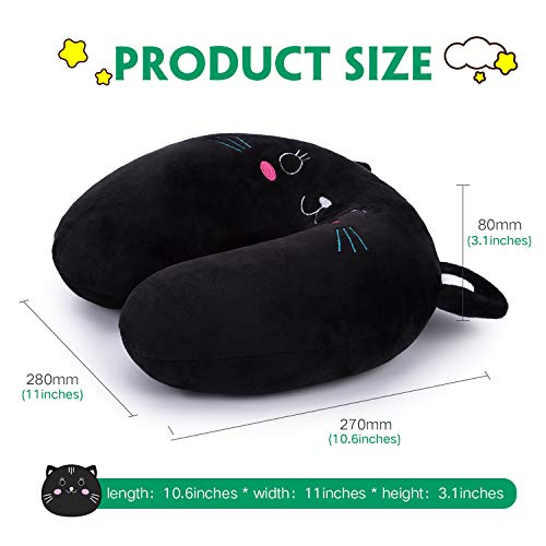 H Homewins Travel Pillow For Kids Toddlers-Soft Neck Head Chin Support Pillow,Cute Animal,Comfortable In Any Sitting Position For Airplane,Car,Train,Machine Washable,Children Gift (Black Cat) #TOP1