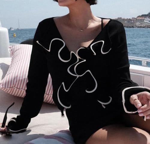 Women Y2k Ruffle Knit Tie Front Cropped Cardigan Tops Coquette Color Contrast Frilly Long Sleeve Sweater Shirts4