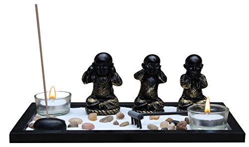 Zen Garden Meditation Garden 3 Buddha See, Speak, Hear No Evil Statues, Incense Holder, Incense, 2 Tea Light Holders, Rocks, Sand, Rake (Candles Not Included) #TOP9