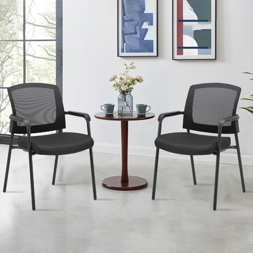 Image of CLATINA Stacking Chairs Set of 2, Stackable Waiting Room Chairs No Wheels with Armrest, Ergonomic Mesh Office Reception Guest Chair for Home Conference Lobby Church School Meeting Training, Black