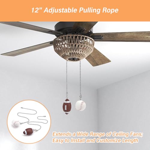 Image of BRBASAP 2Pcs Ceiling Baseball Football Pull Fan Chain Set 12'' Sports Fan Pulls Nickel Decorative Extension for Ceiling Light Lamp Fan Chains Unique Long Cord Puller Ornaments