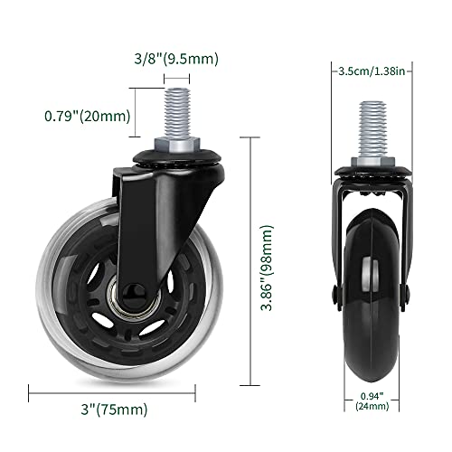 3" Thread Screw In Office Chair Caster Wheels, 3/8"-16X1"(Not Metric M10), Safe For All Floors, Pu Rubber Furniture,Carts Stem Caster Wheels,No Scratch,650Lbs Weight Capacity #TOP2