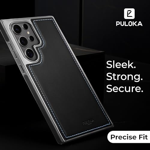 Image of PULOKA Chrome Leather Back Case - Compatible with Samsung Galaxy S23 Ultra - Luxury Bumper Case - Flexible Vegan Leather - Electroplated Sides - Full Camera Protetection & Raised Edges - Black