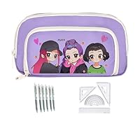 YDora Large Cartoon Pencil Case with 3 Compartments, Pencil Bag for Boys and Girls,Includes 6 Pens and a Set of Rulers,Suitable for Kids Students Women Men (Purple)