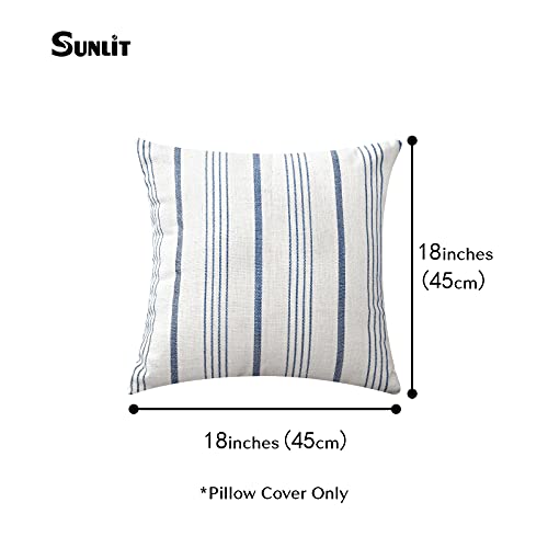 Sunlit Decorative Farmhouse Throw Pillow Case, Set Of 2 Cream/Off-White With Blue Stripes Modern Accent Square Pillow Cover, 18" X 18", Textured Linen Throw Pillow Case For Sofa Couch Chair Bedroom #TOP1