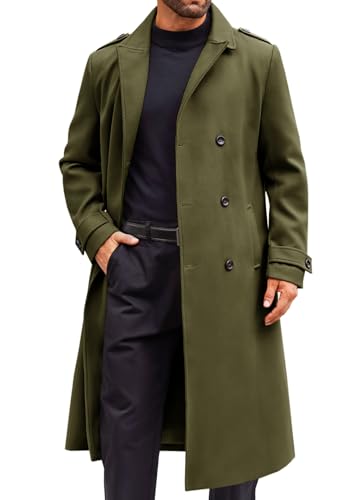 Image of Runcati Mens Double Breasted Trench Coat Notched Lapel Long Peacoat Classic Casual Winter Overcoat