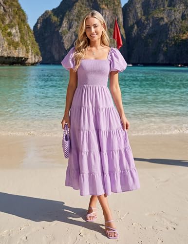 Image of ZESICA Women's 2026 Summer Puff Sleeve Midi Dress 2026 Boho Solid High Waist Flowy Beach Wedding Guest Long Dresses