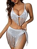 Verdusa Women's 2 Piece Fringe Trim Metallic Deep V Neck Bra and Panty Lingerie Set Silver M