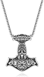PiercingJak Men Norse Viking Thor's Hammer Talisman Necklace Double Wolf Head Stainless Steel Vintage Nordic Viking Mjolnir Odin Compass Amulet Pendant Celtic Pagan Jewelry