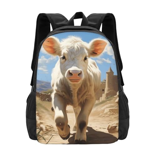 Commuter Unisex White Cow Rural Path Backpack Spacious Compartments for Work Essentials Casual Outings & Trips 17 Inch