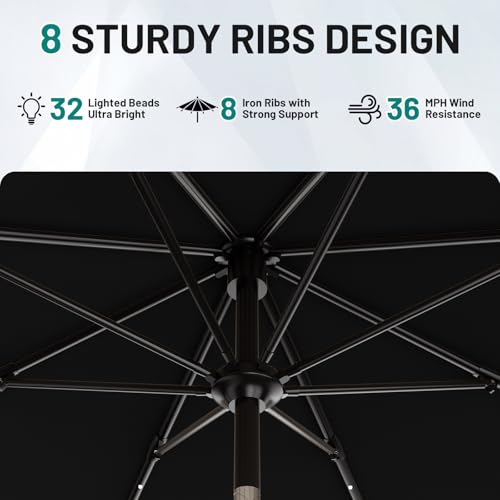 Image of AreShark 9FT Patio Umbrella with Solar Lights, 32 Lighted Pool Umbrella w /Tilt and Crank, Outdoor Market Solar Umbrellas for Garden, Deck, Backyard, Pool and Beach, Black