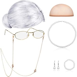 Old Lady Cosplay Set Granny Wig Cap Glasses Chain Cords Faux Pearl Bead Necklace (Sliver White Bun Wig)