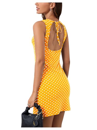 Verdusa Polka Dots Dress for Women Open Back Bodycon Backless Tank Mini Dress Yellow Small