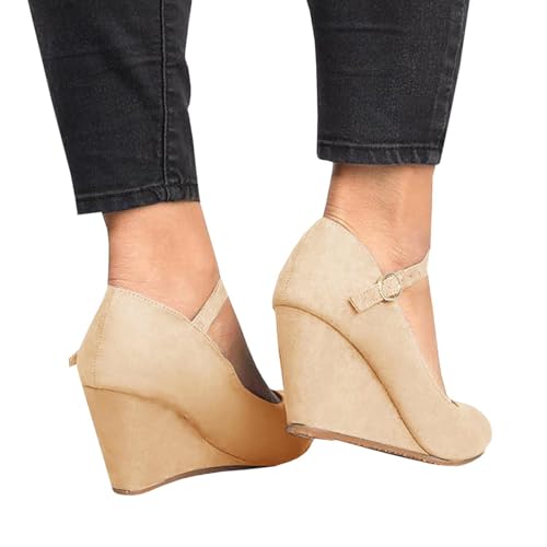 Image of Coutgo Womens Wedge Pumps Dressy Mary Jane Shoes Comfort Wedges Closed Toe Ankle Strap Heeled Shoes
